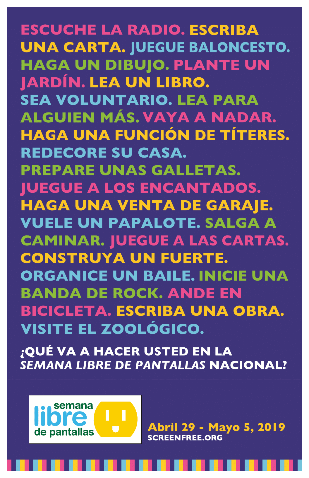 Screen Free Flyer in Spanish listing different suggestions for activities to do on screen free week
