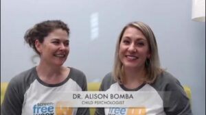 Two women smiling, one identified as Dr. Alison Bomba, a child psychologist.