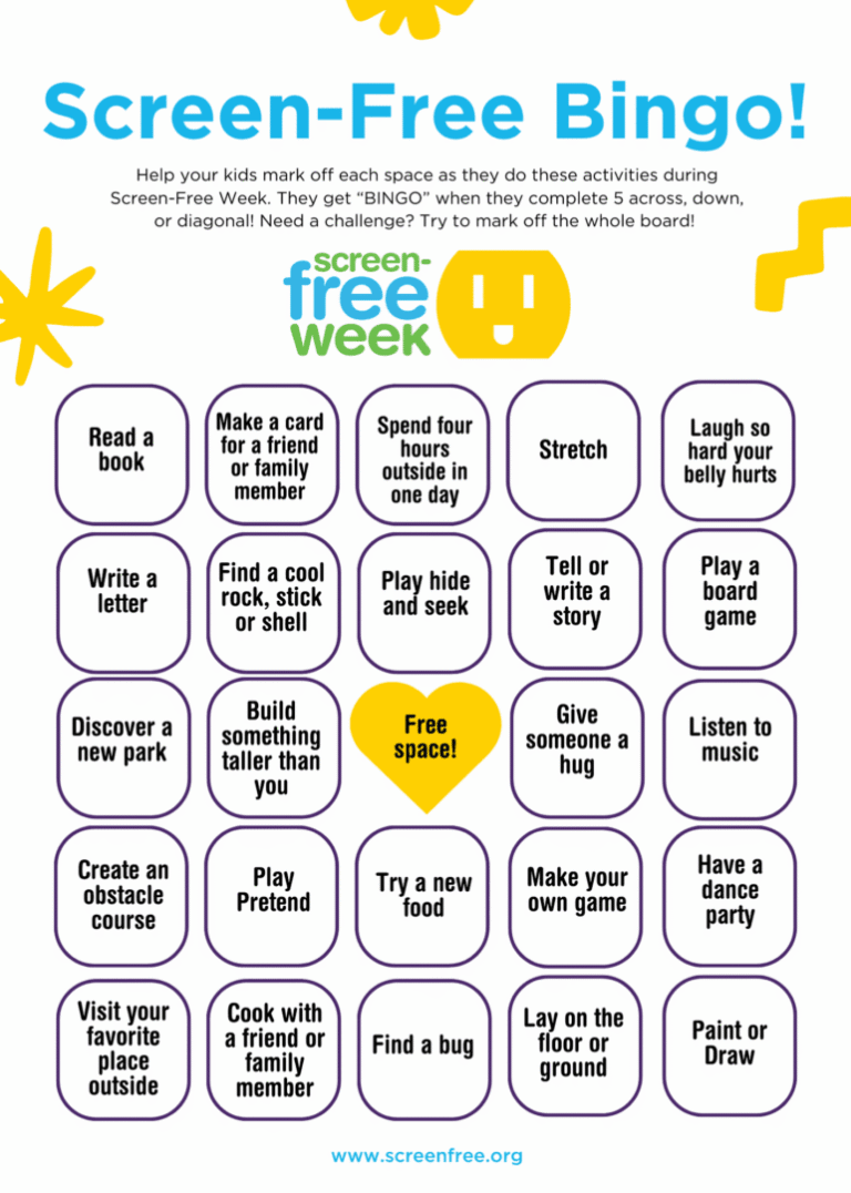A colorful bingo card with fun free-time activities for kids.