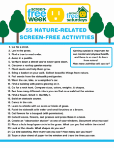 A colorful infographic listing 55 nature-related screen-free activities for kids.