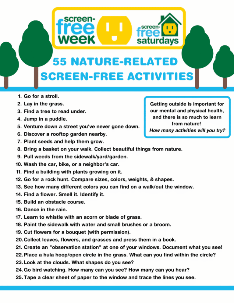 A colorful infographic listing 55 nature-related screen-free activities for kids.