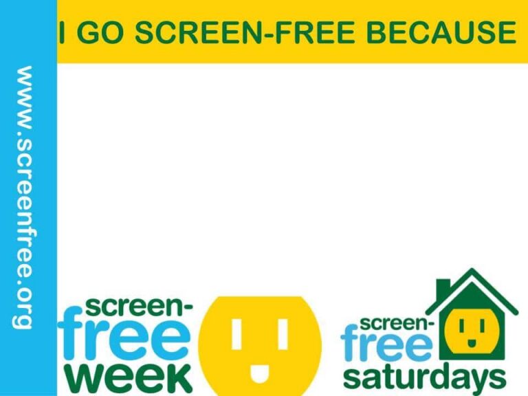 Logo promoting Screen-Free Week with a yellow power outlet icon.