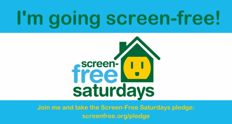 Graphic promoting screen-free Saturdays with a house and smiley face icon.