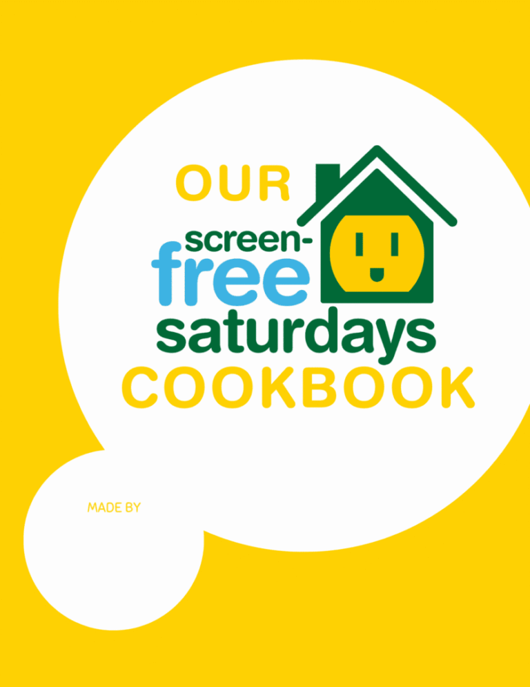 Cover of a screen-free Saturdays cookbook with bright yellow and green design.