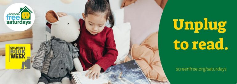 Child reading with stuffed toy, promoting unplugging.