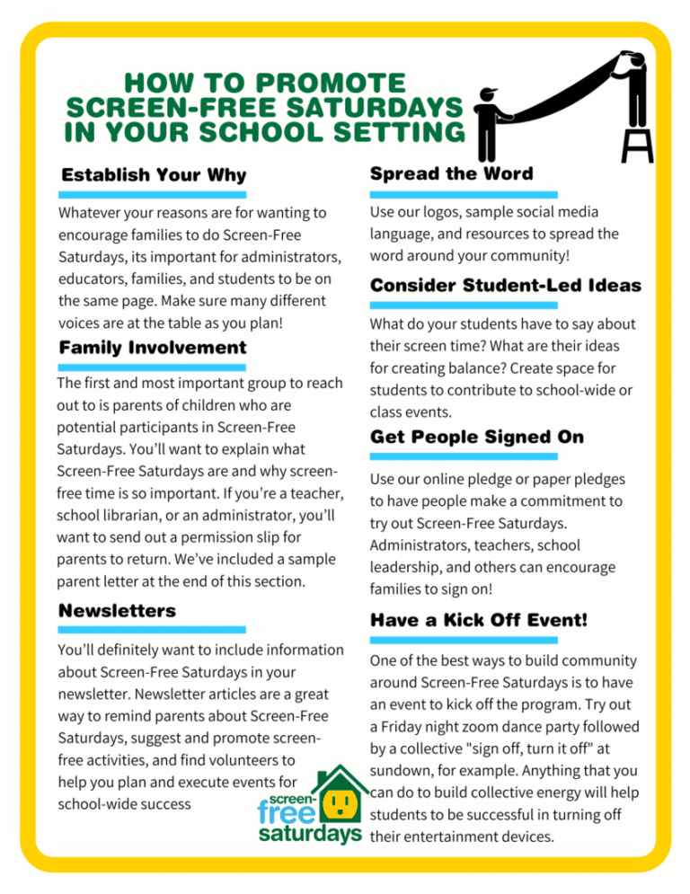 Informative flyer about free screen-free Saturdays at the library with activities and ideas.