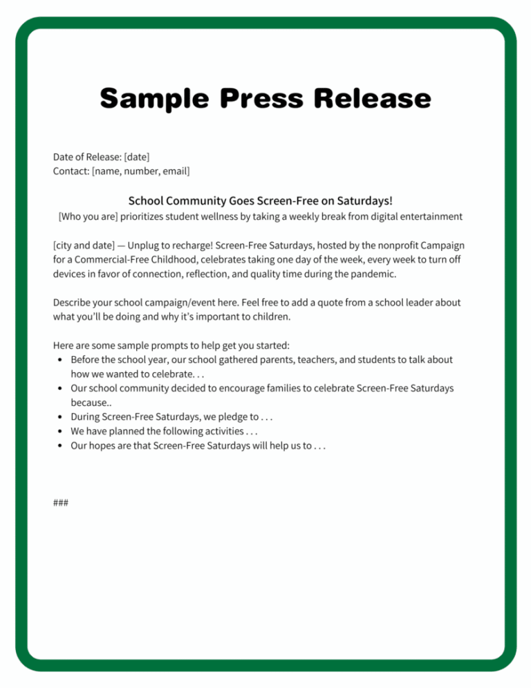Sample press release template with placeholder text for school community news.