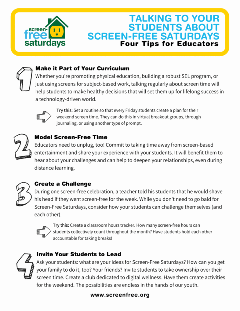 A poster outlining four tips for educators on screening Saturdays with colorful icons and text.