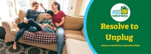 Family relaxing on a couch, screen-free campaign.