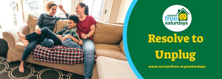 Family relaxing on a couch, screen-free campaign.