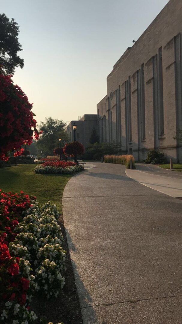 A curved sidewalk beside a landscaped garden next to a large building.