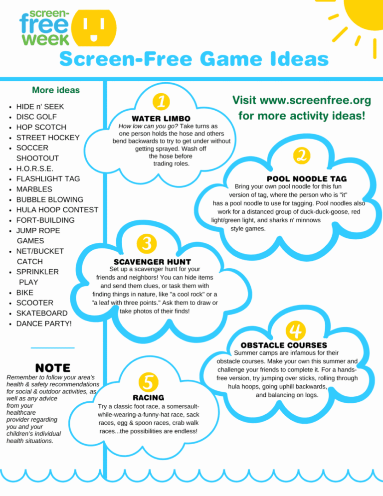 Infographic with various screen-free game ideas for kids.