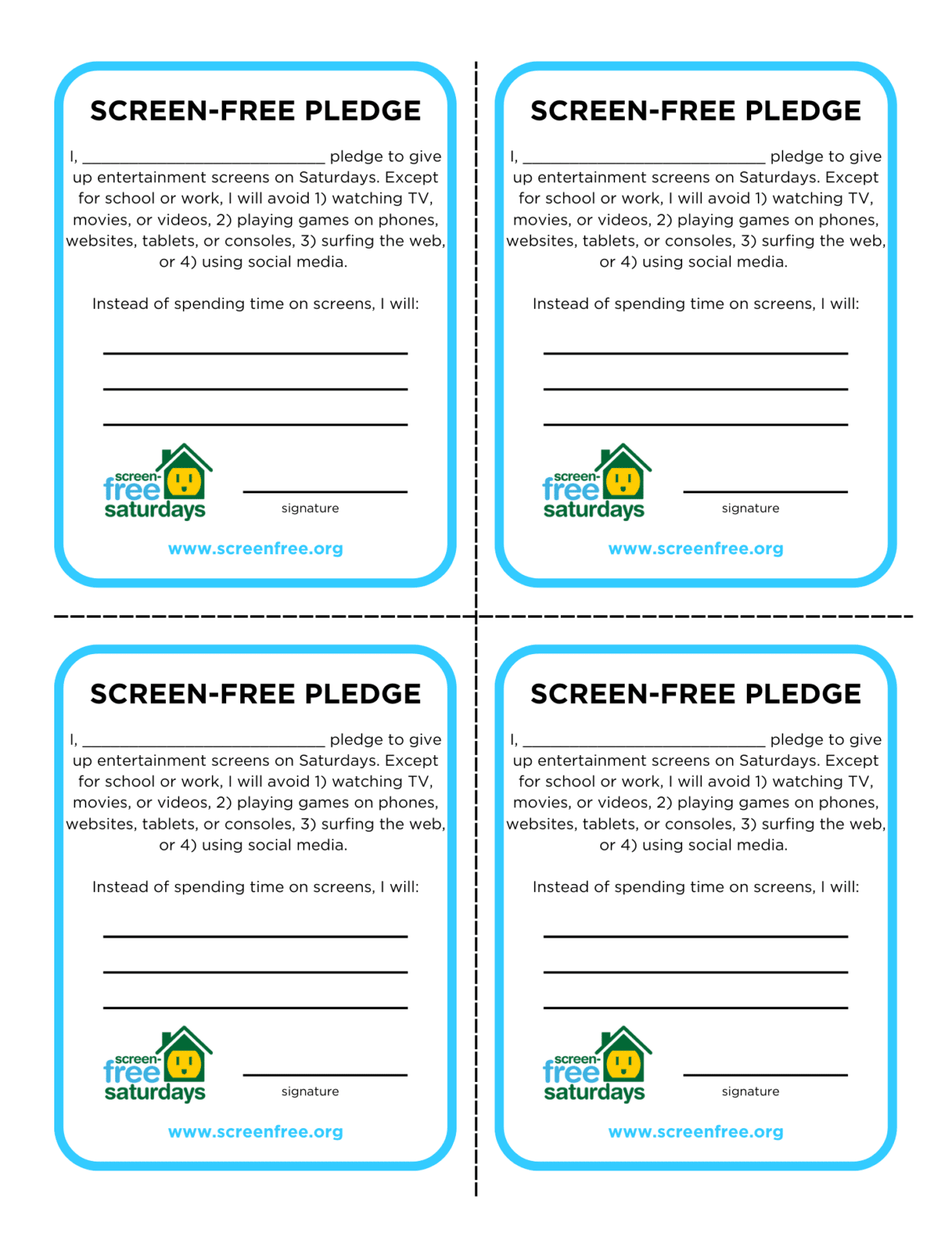 Screen-Free Saturday Pledge Cards - Screen-Free Week