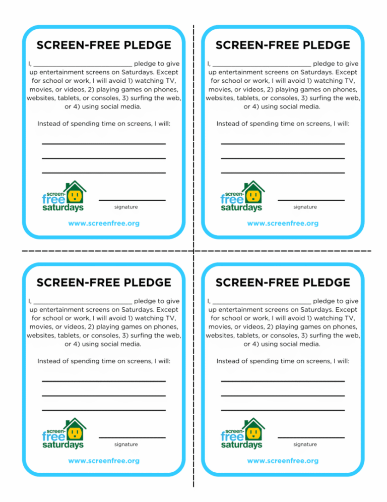 Printable screen-free pledge cards for kids to commit to less screen time.