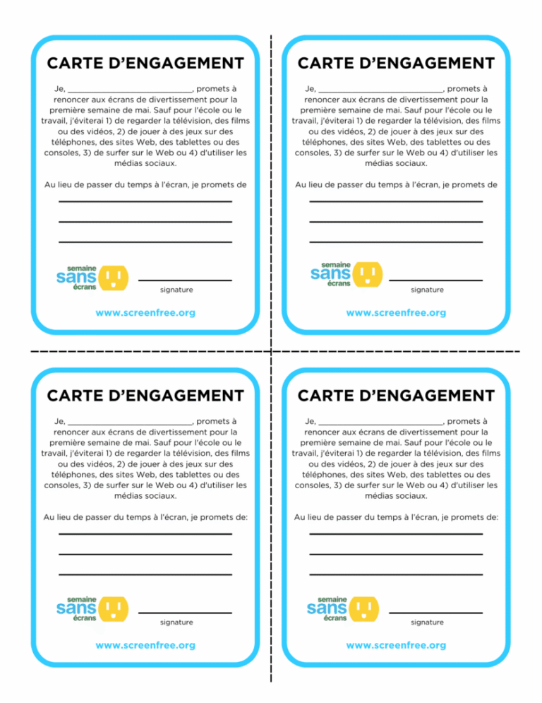 Four commitment cards with text in French, each featuring a blue header and a speech bubble icon.
