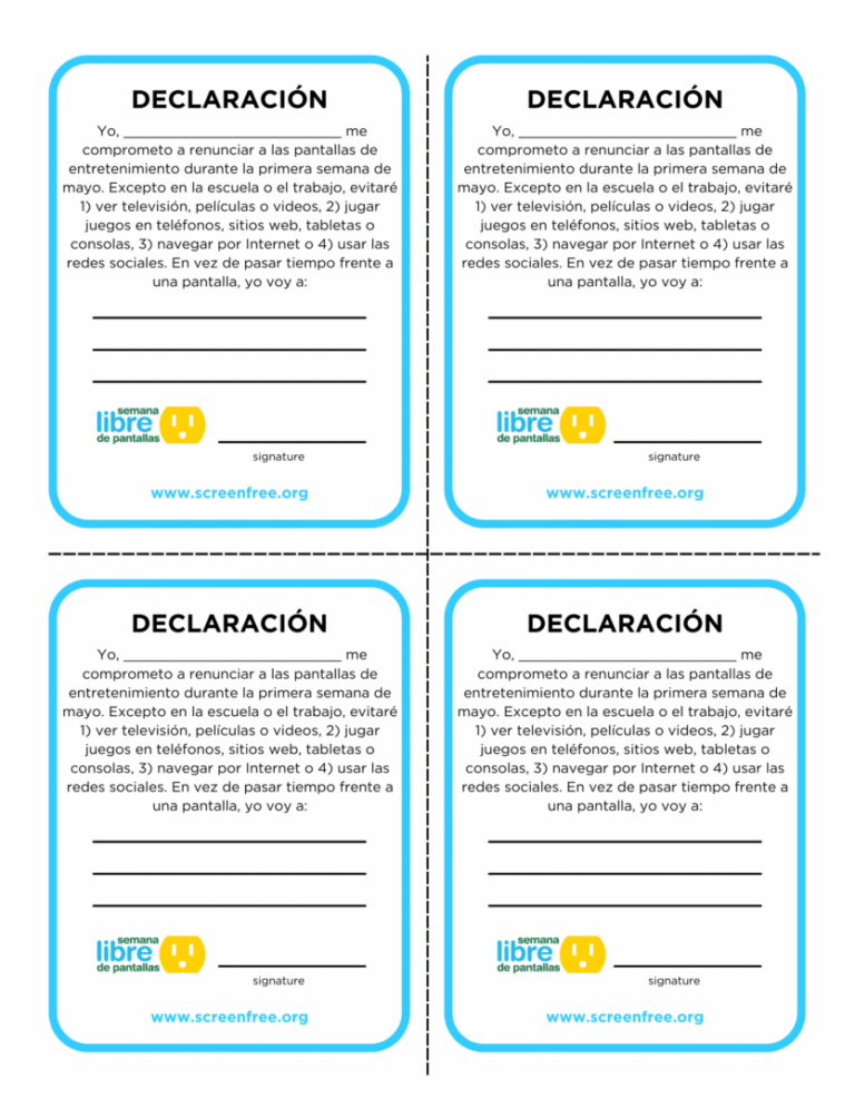 Four declaration forms in Spanish for voluntary service with blank fields.