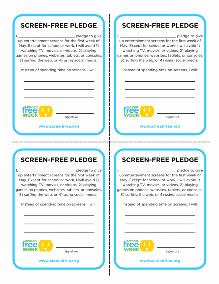 Four screen-free pledge cards promoting reduced screen time for kids.