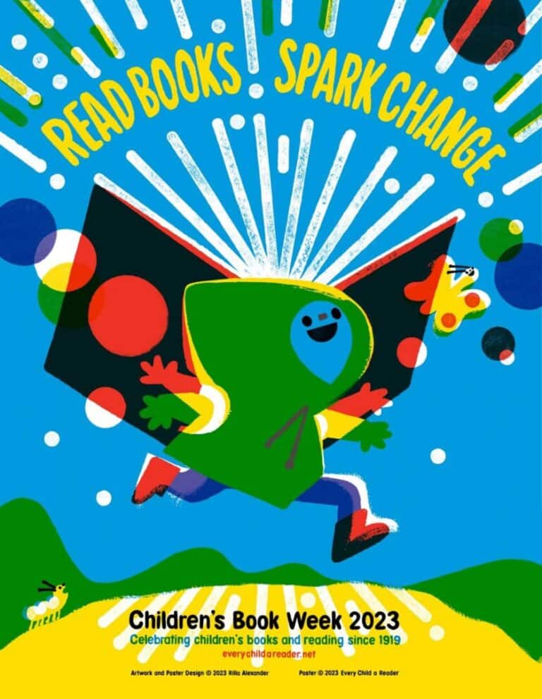 Colorful illustration of a character reading with vibrant text and stars.