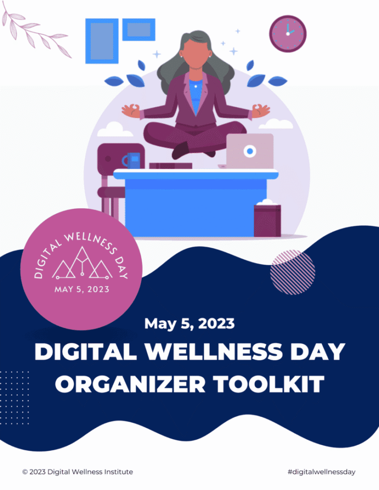 Digital Wellness Day organizer toolkit promotional graphic with a meditating person.