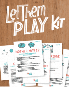 A wooden background with a 'Let Them Play Kit' and informational pamphlets.