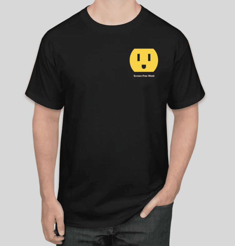 Black t-shirt with a yellow electrical outlet graphic on the chest pocket area.