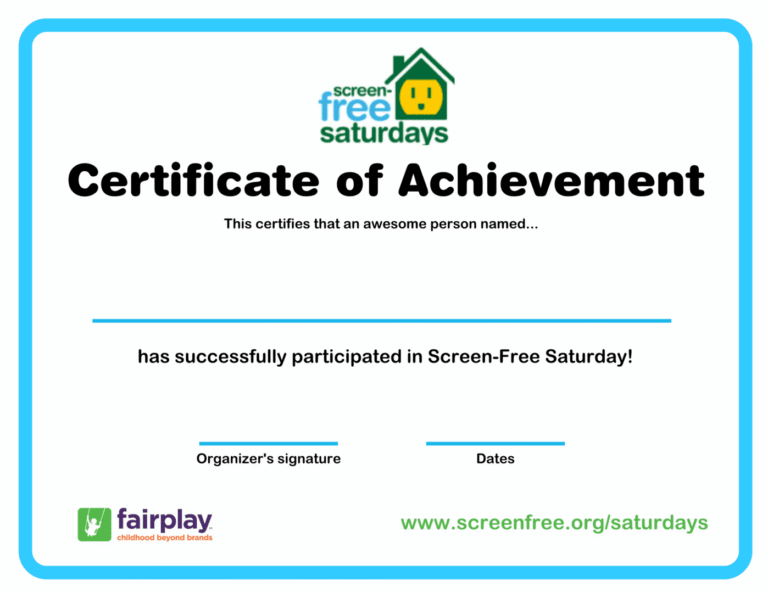 Certificate for participating in Screen-Free Saturday.