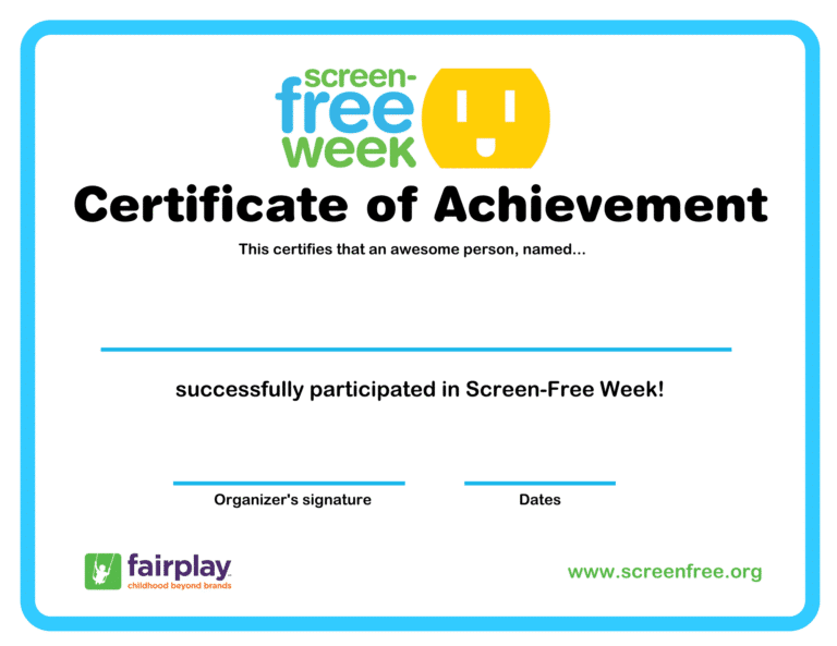 Certificate for participating in Screen-Free Week.
