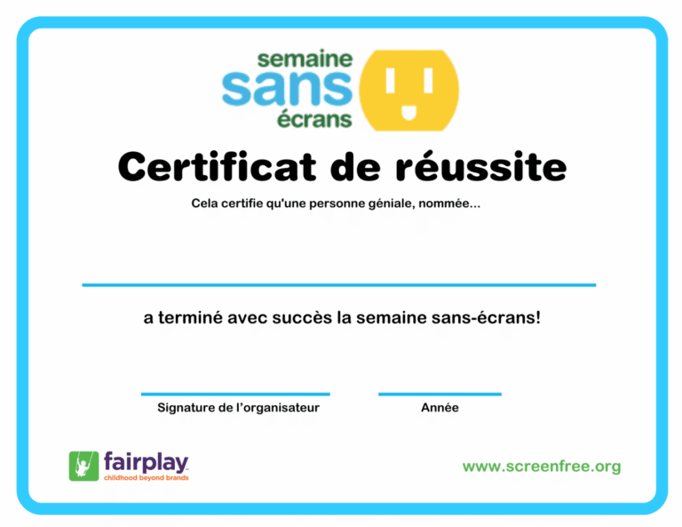 Certificate of achievement for completing the 'Semaine Sans Écrans' challenge.
