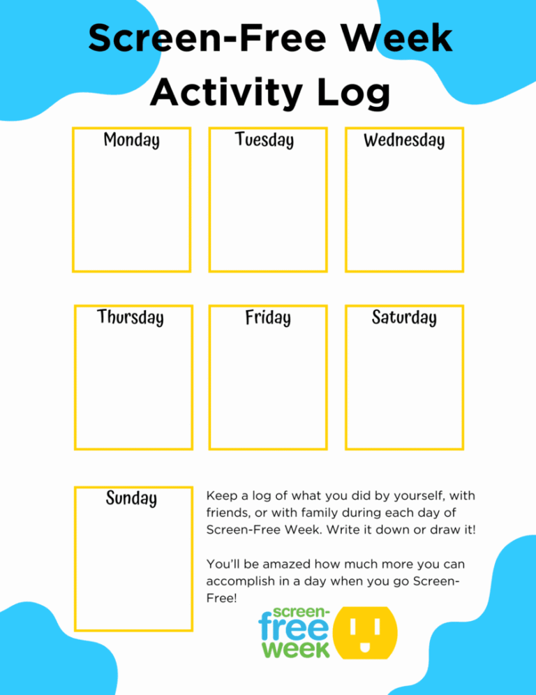Blank weekly activity log with days of the week and a note section.