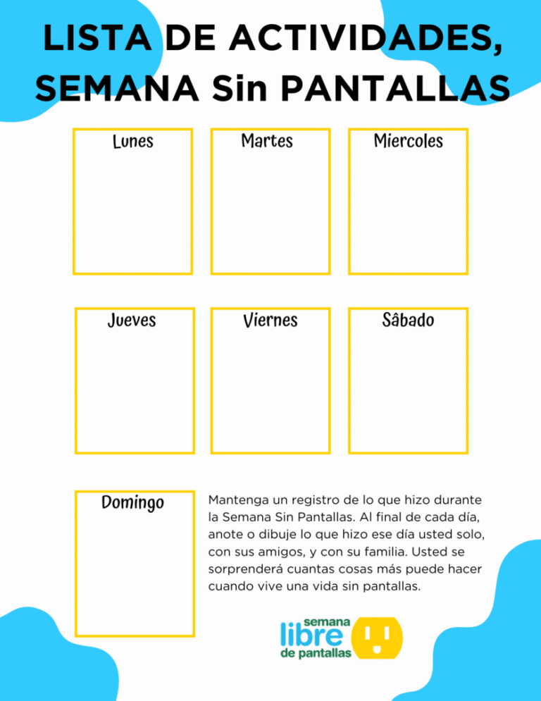 A weekly screen-free challenge calendar with days of the week and a note section.