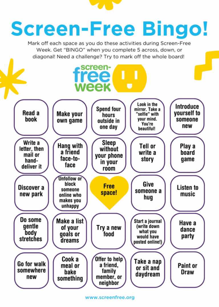 A colorful bingo game board with self-care and fun activities.