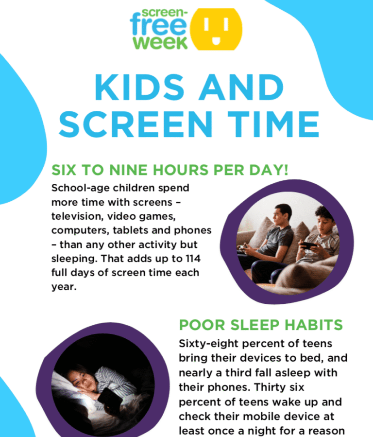 Infographic on kids' screen time limits and sleep habits for healthy development.