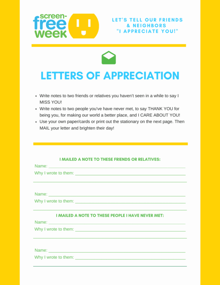 A colorful worksheet for writing letters of appreciation to relatives.