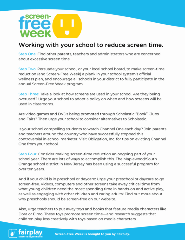 Poster promoting Screen-Free Week with tips for reducing screen time at school.