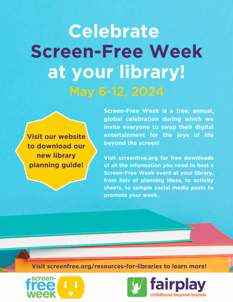Screen-Free Week celebration poster with event details and a planning guide.
