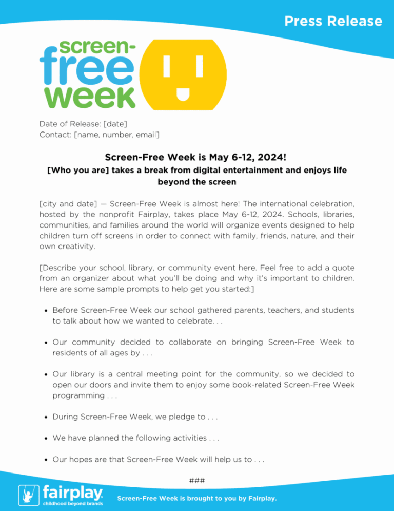 Flyer promoting Screen-Free Week from May 16-22, 2024, encouraging reduced screen time.