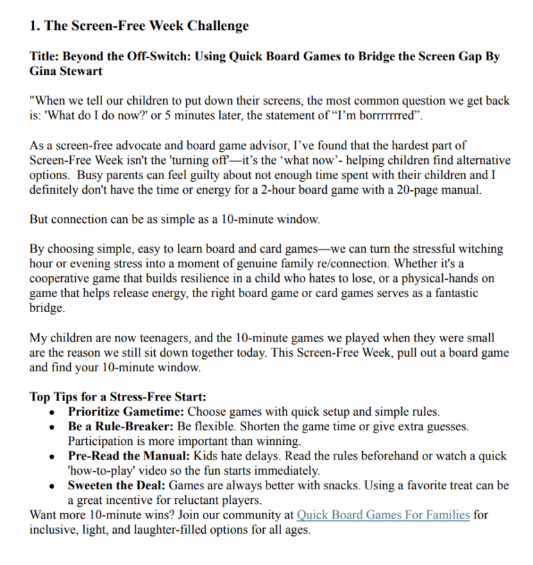 Text about screen-free board games challenge.