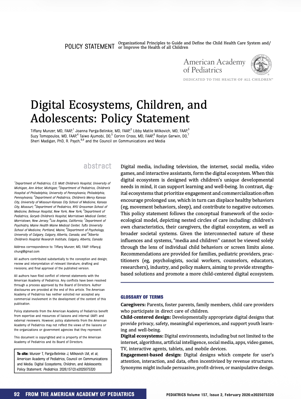 Digital Ecosystems, Children, and Adolescents: Policy Statement